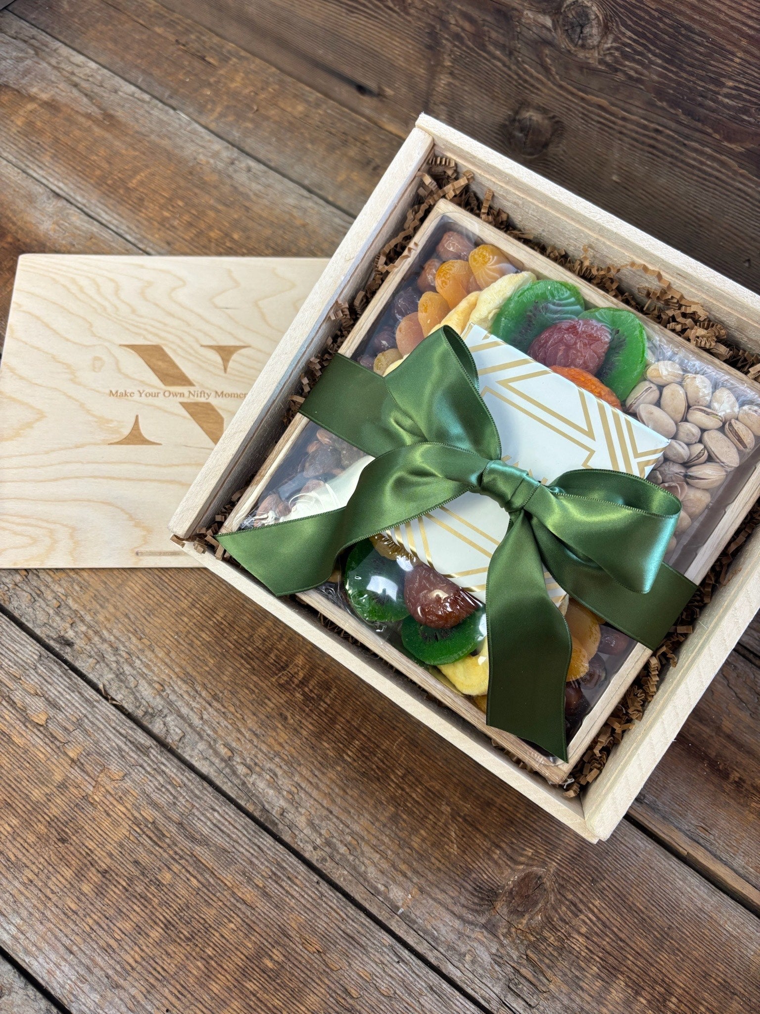 California Dried Fruit & Pistachio Wood Gift Box with Luxe Chocolate - Nifty Package Co