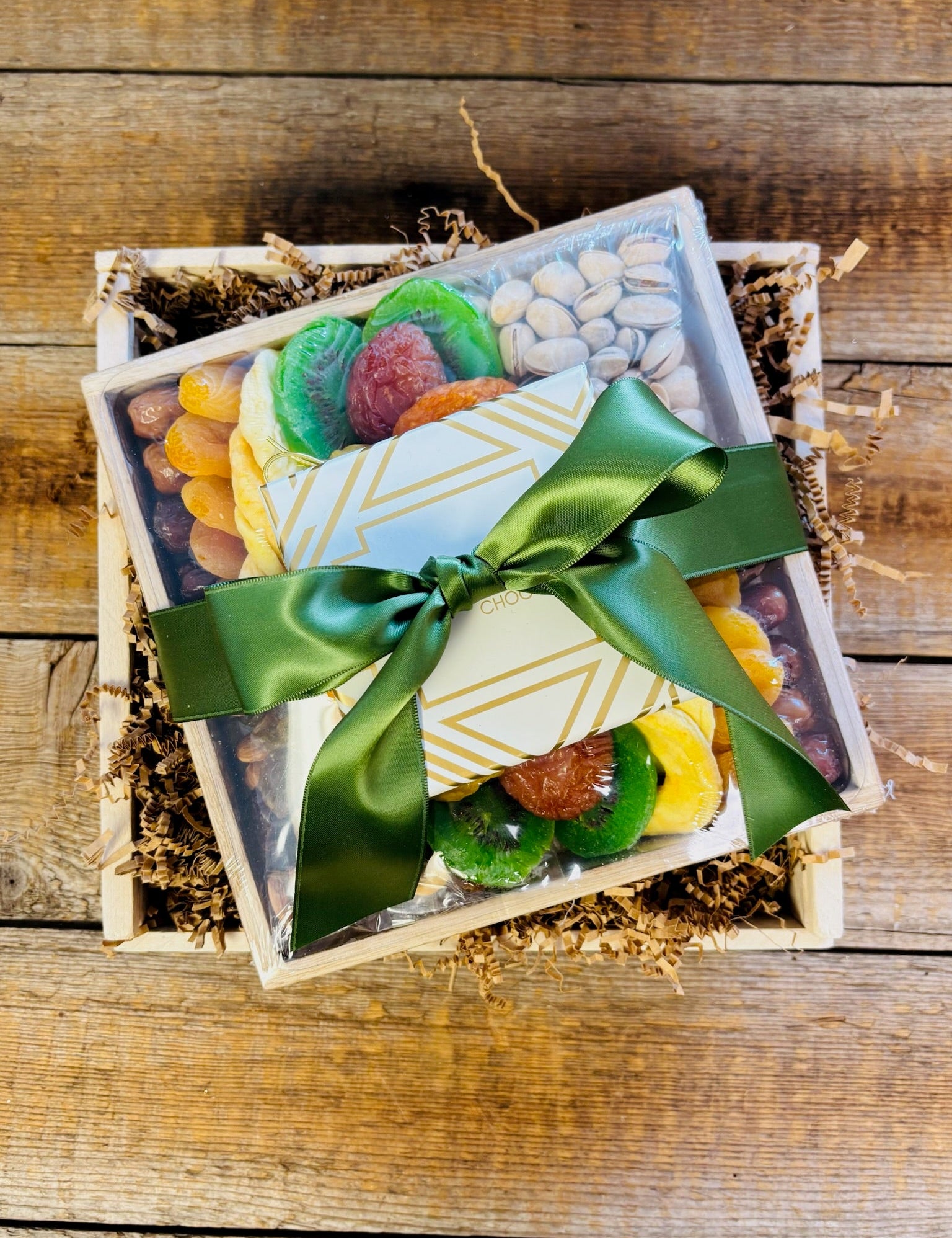 California Dried Fruit & Pistachio Wood Gift Box with Luxe Chocolate - Nifty Package Co