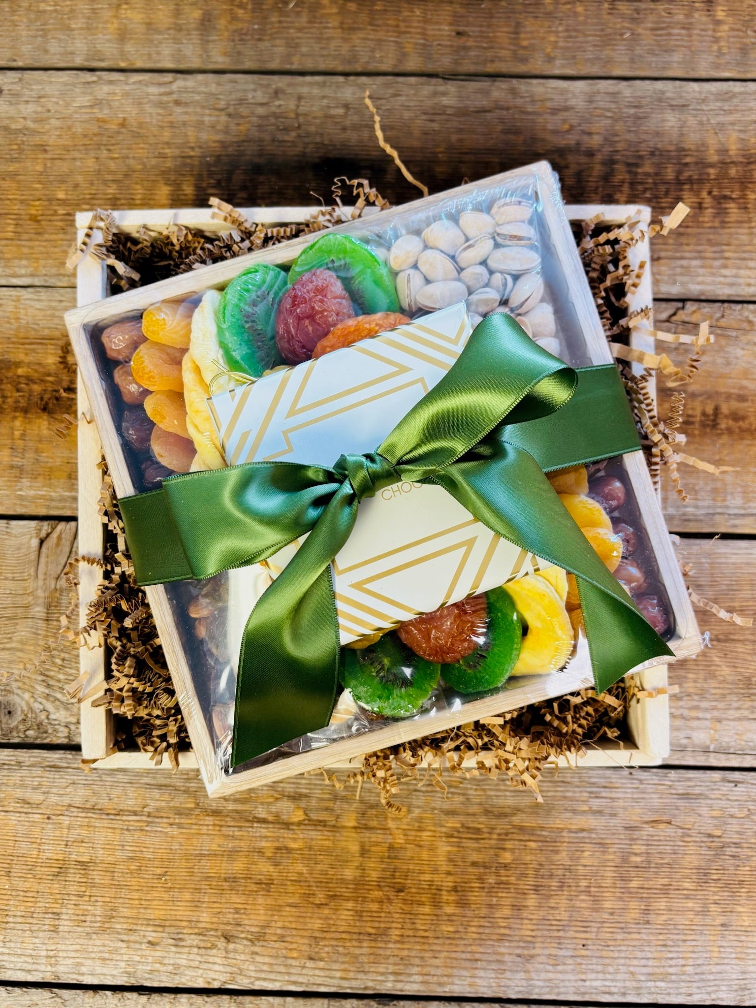 California Dried Fruit & Pistachio Wood Gift Box with Luxe Chocolate - Nifty Package Co