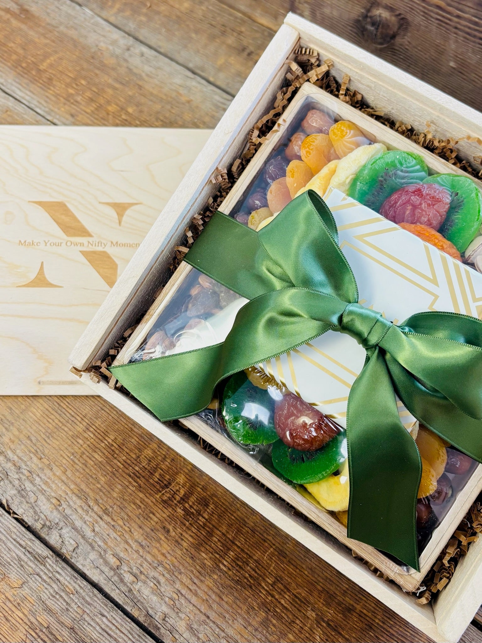 California Dried Fruit & Pistachio Wood Gift Box with Luxe Chocolate - Nifty Package Co