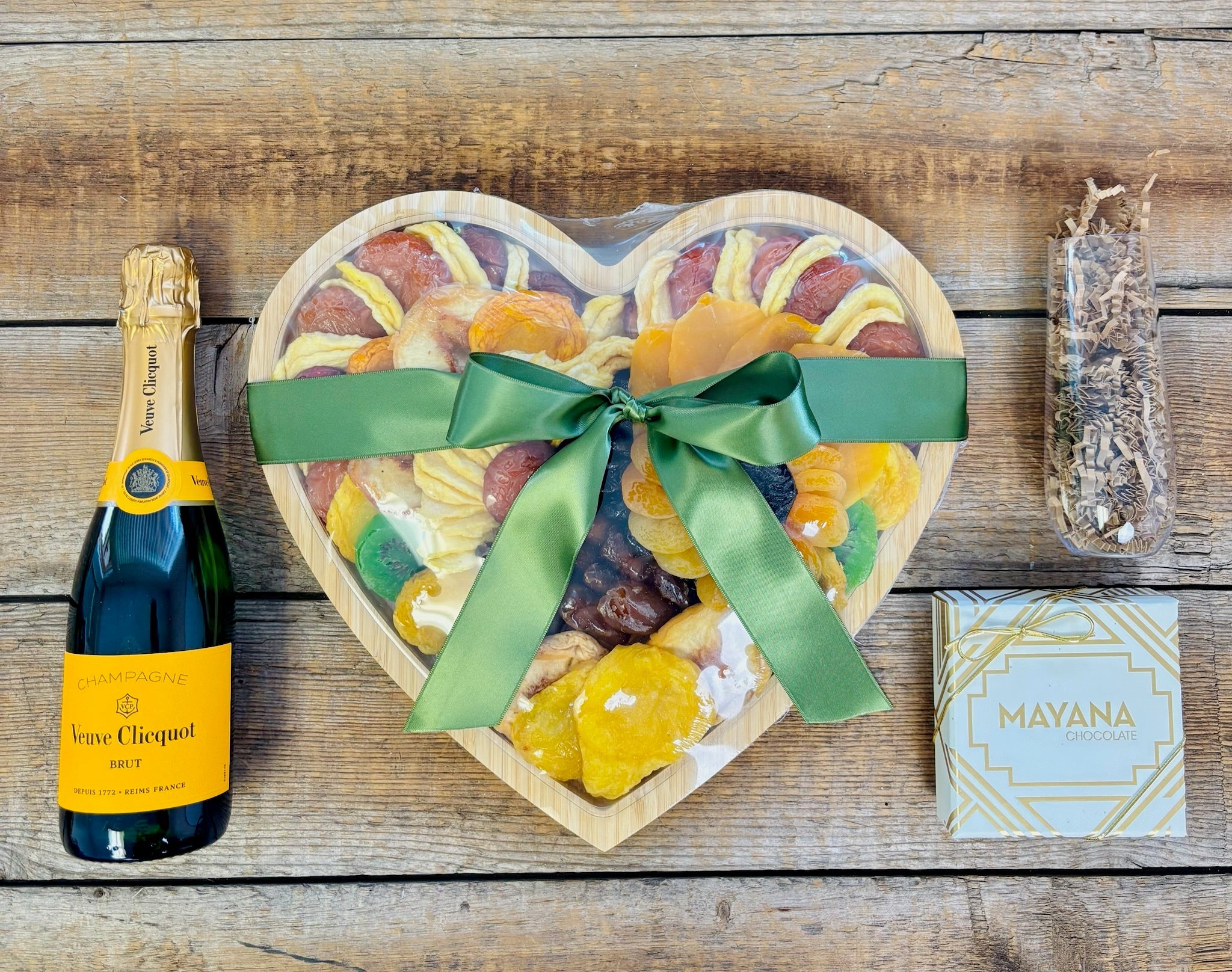 Heart - Shaped Kosher Dried Fruit Gift Tray & Veuve Clicquot Champagne | Nifty Package Co - Nifty Package Co