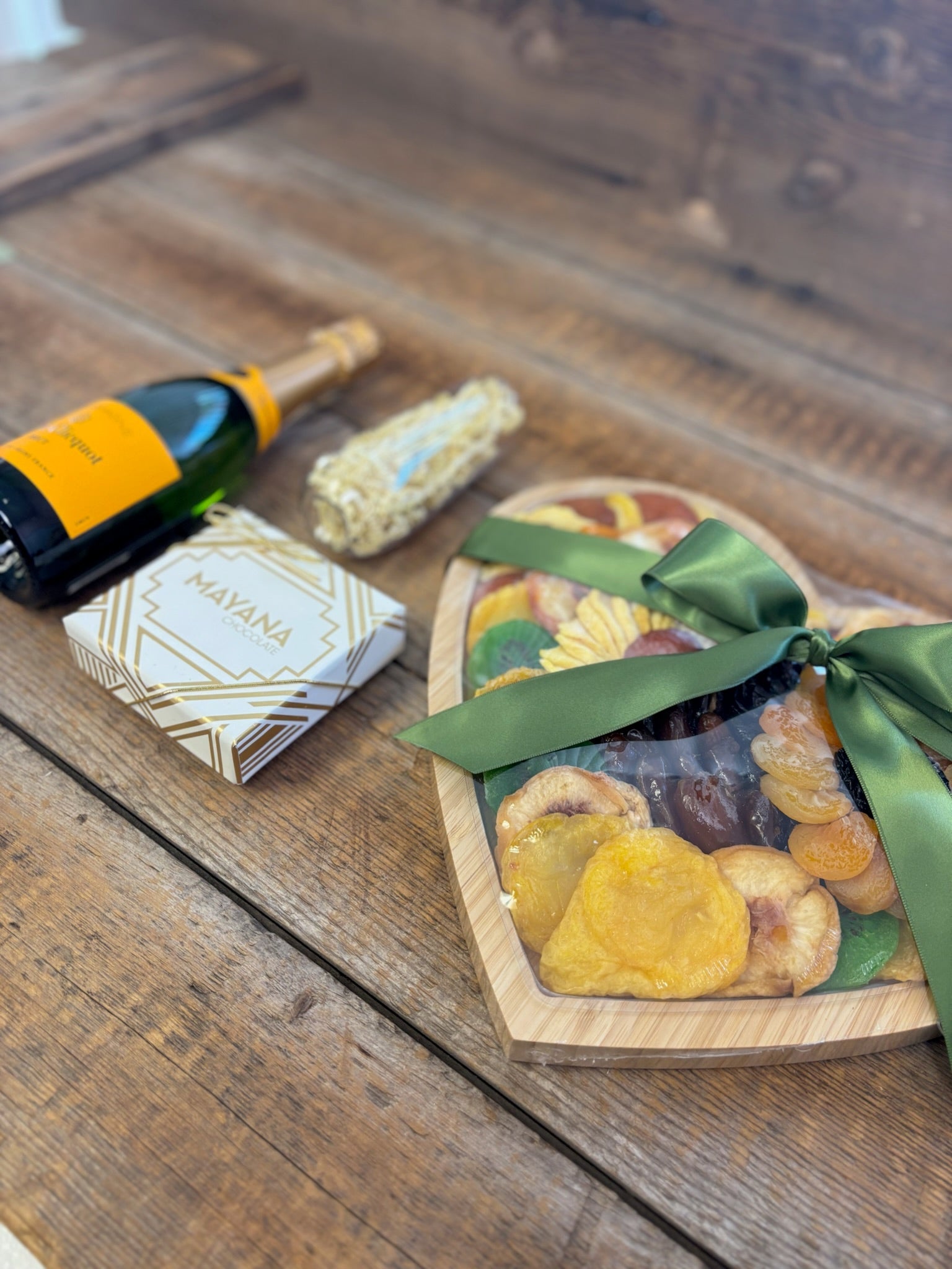 Heart - Shaped Kosher Dried Fruit Gift Tray & Veuve Clicquot Champagne | Nifty Package Co - Nifty Package Co