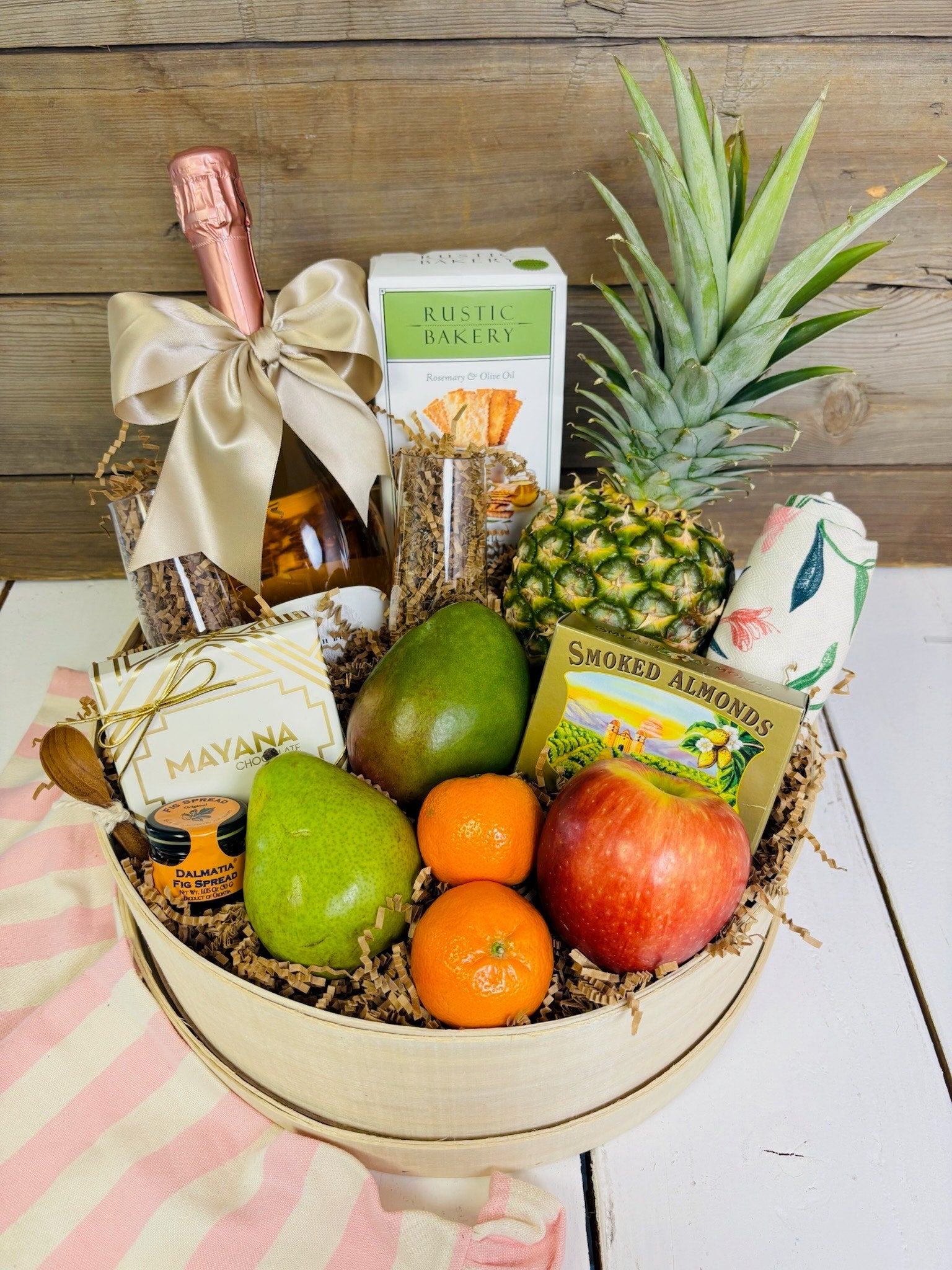 French Inspired Luxury Fresh Fruit & Non - Alcoholic Wine Basket - Nifty Package Co